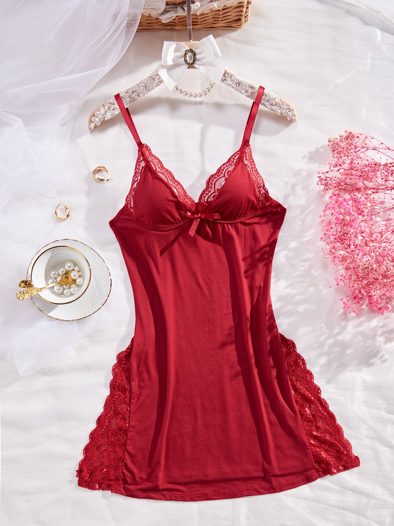 Women's Lace Bow Decorated Split Nightdress, Sexy Elegant Strap Loungewear, S-XXL
