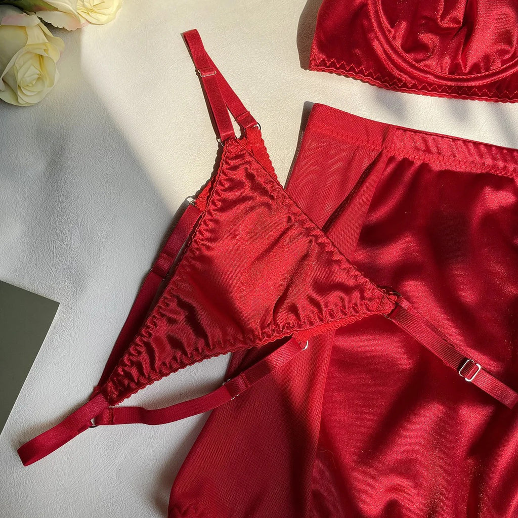 Women's Sexy Tassel  Satin Patchwork Mesh Bodycon Dress with Gloves Two-Piece Temptation Sexy Lingerie Set