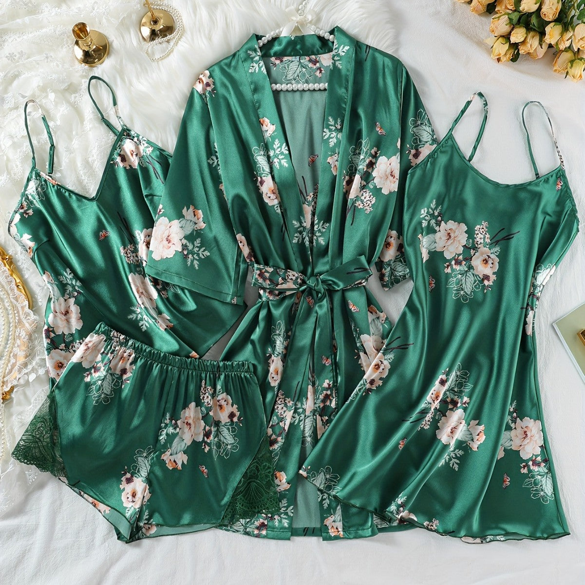 Women's Artificial Silk Camisole Pajamas Nightdress Nightgown Four-Piece Set, Sexy Lace Thin Homewear Suit