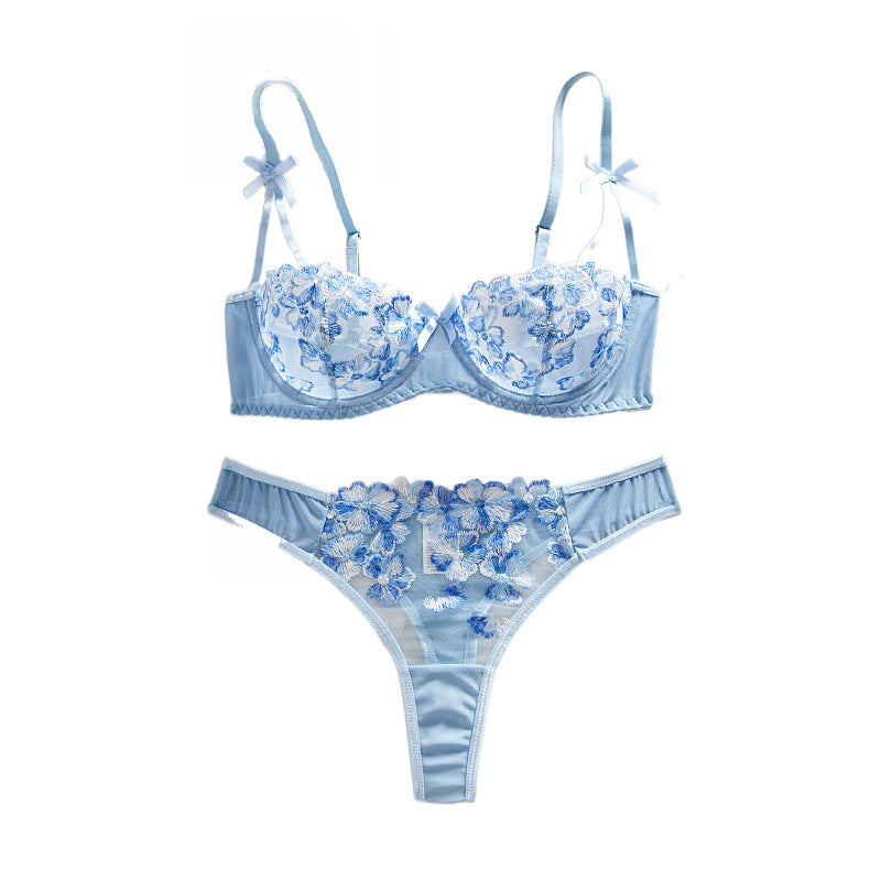 Women's Mesh Flower Embroidery Underwire Push-Up Bra, Semi-Transparent Panties Sexy Lingerie Set
