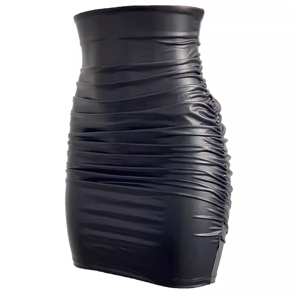 Women's Plus Size Pleated Faux Leather Skirt，Sexy Tight Bodycon Dress，Off-shoulder Short Dress S-XXL
