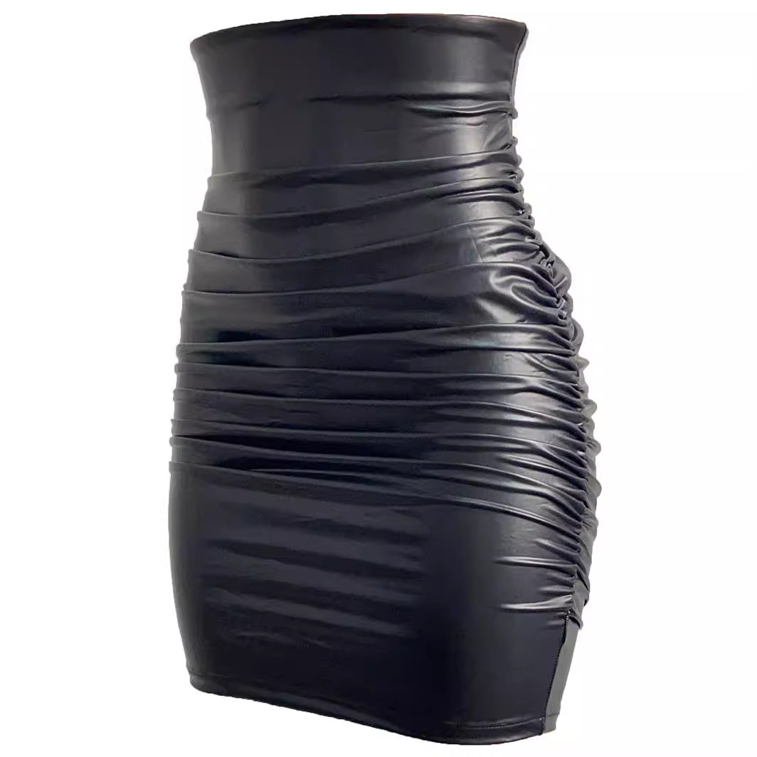 Women's Plus Size Pleated Faux Leather Skirt，Sexy Tight Bodycon Dress，Off-shoulder Short Dress S-XXL