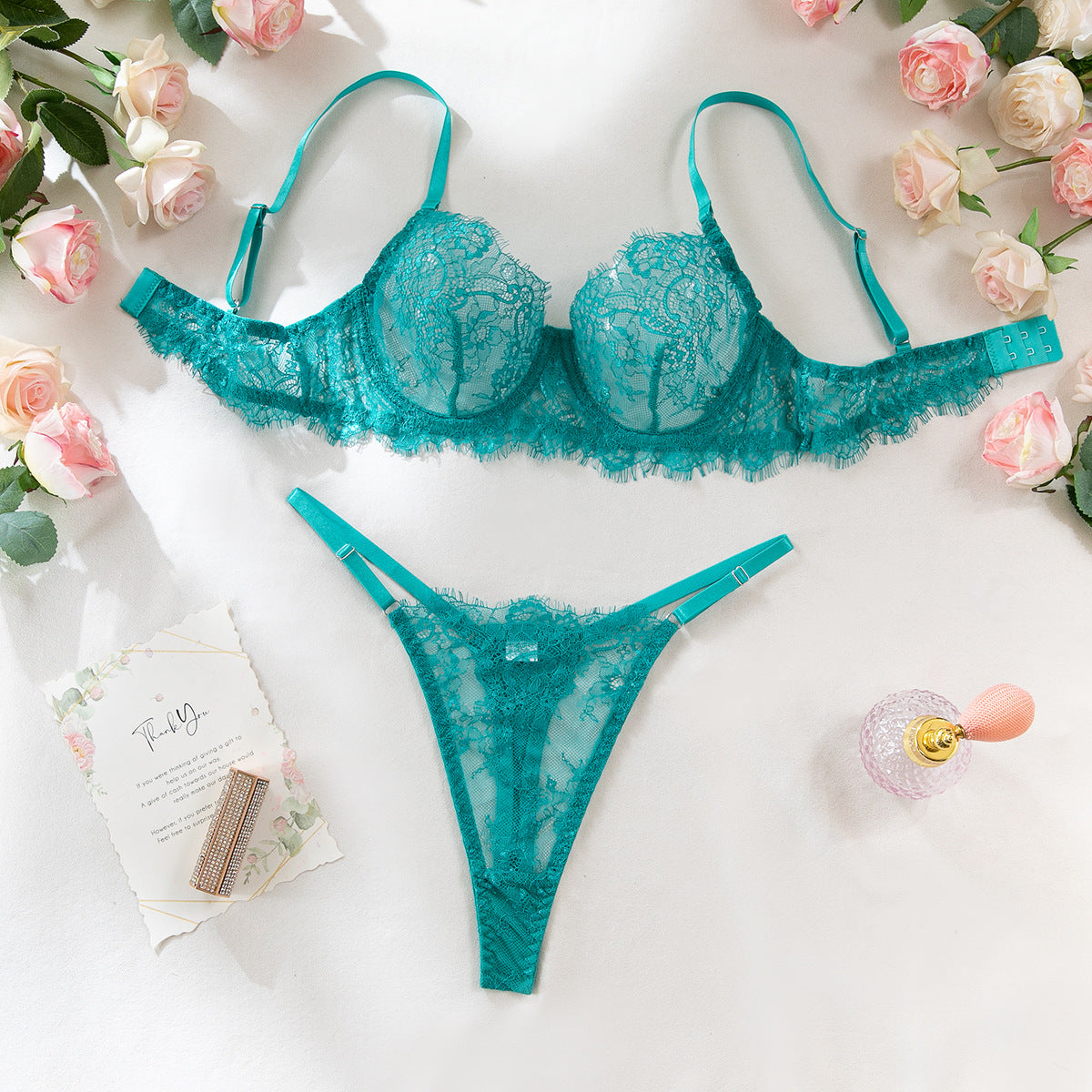 Women's Thin Lace Underwire Push-Up Bra, Sexy Lingerie 2-Piece Set