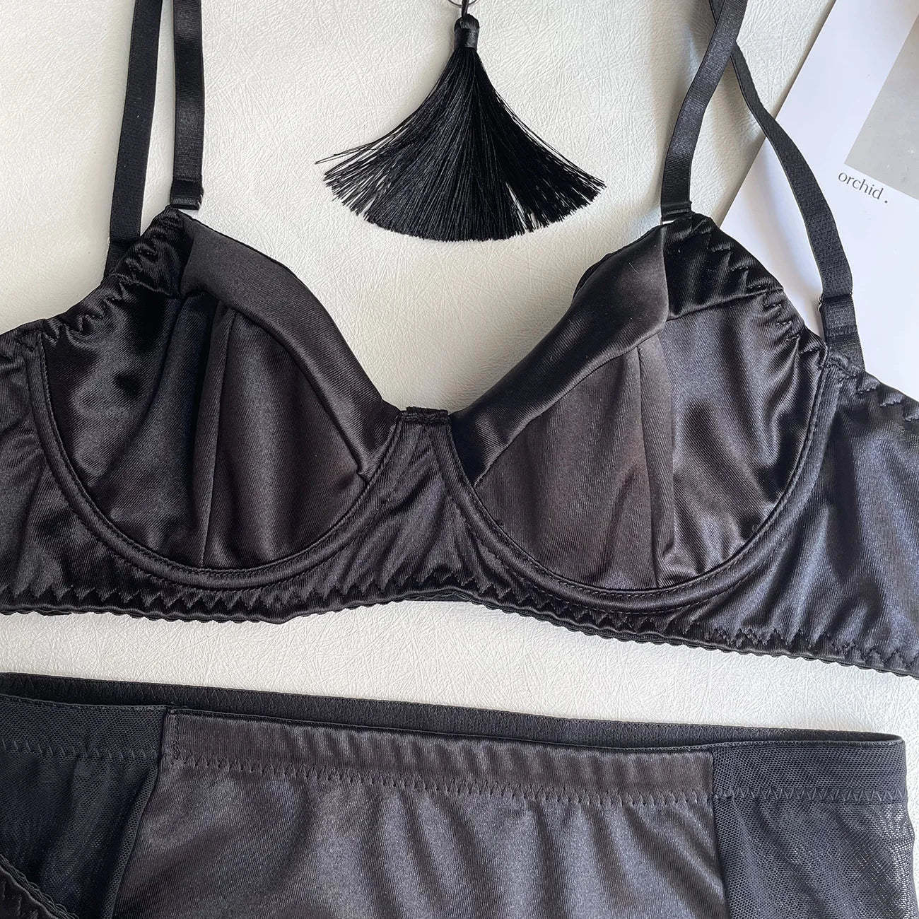 Women's Sexy Tassel  Satin Patchwork Mesh Bodycon Dress with Gloves Two-Piece Temptation Sexy Lingerie Set