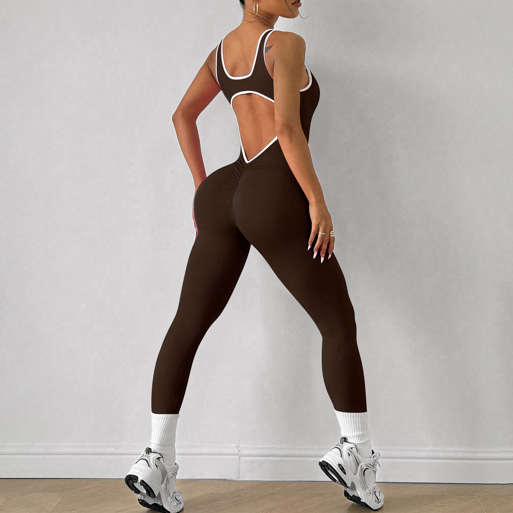 Women's Seamless One-Piece Sports Leggings with Open Back, Sleeveless Tight Butt-Lifting Quick-Dry Yoga Bodysuit