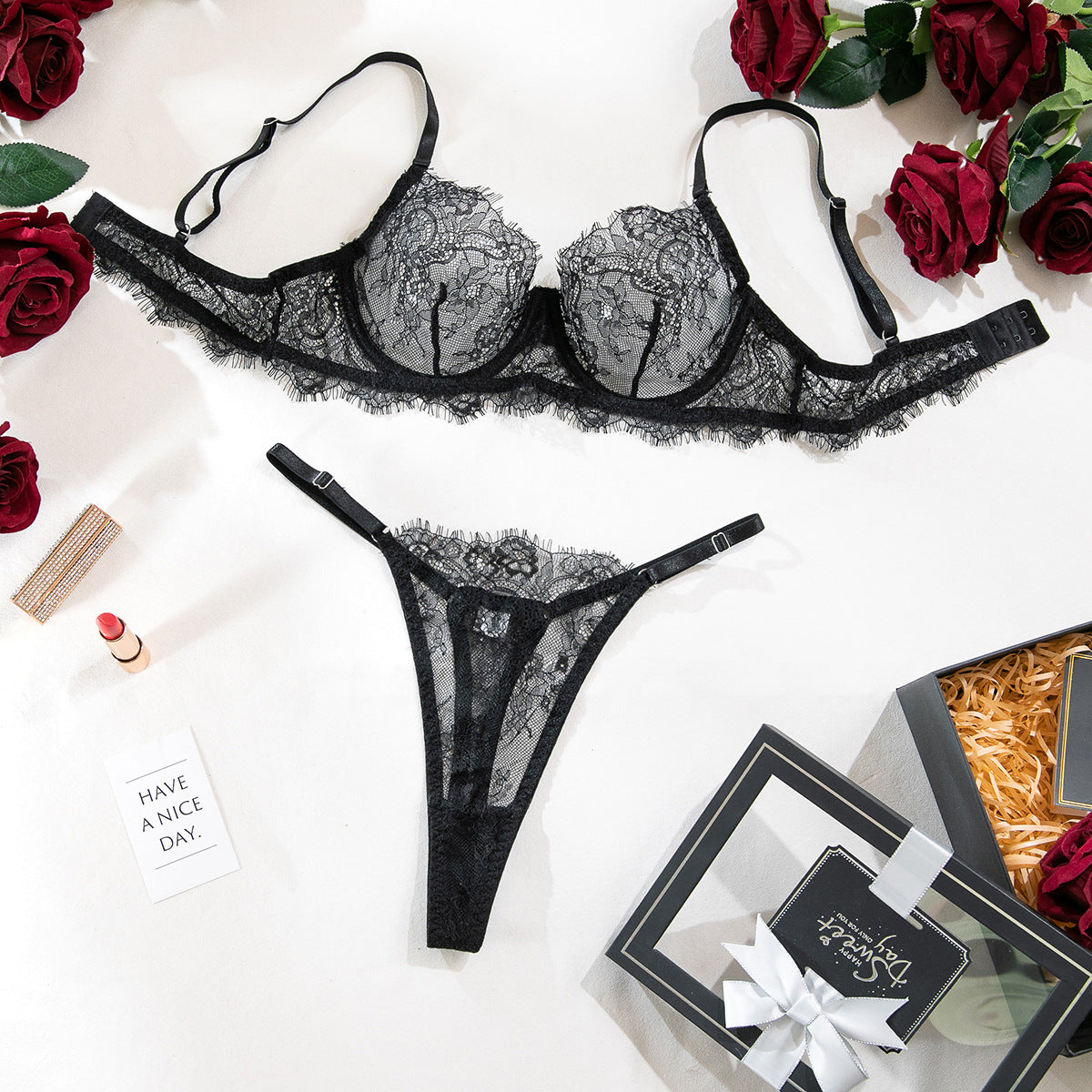 Women's Thin Lace Underwire Push-Up Bra, Sexy Lingerie 2-Piece Set