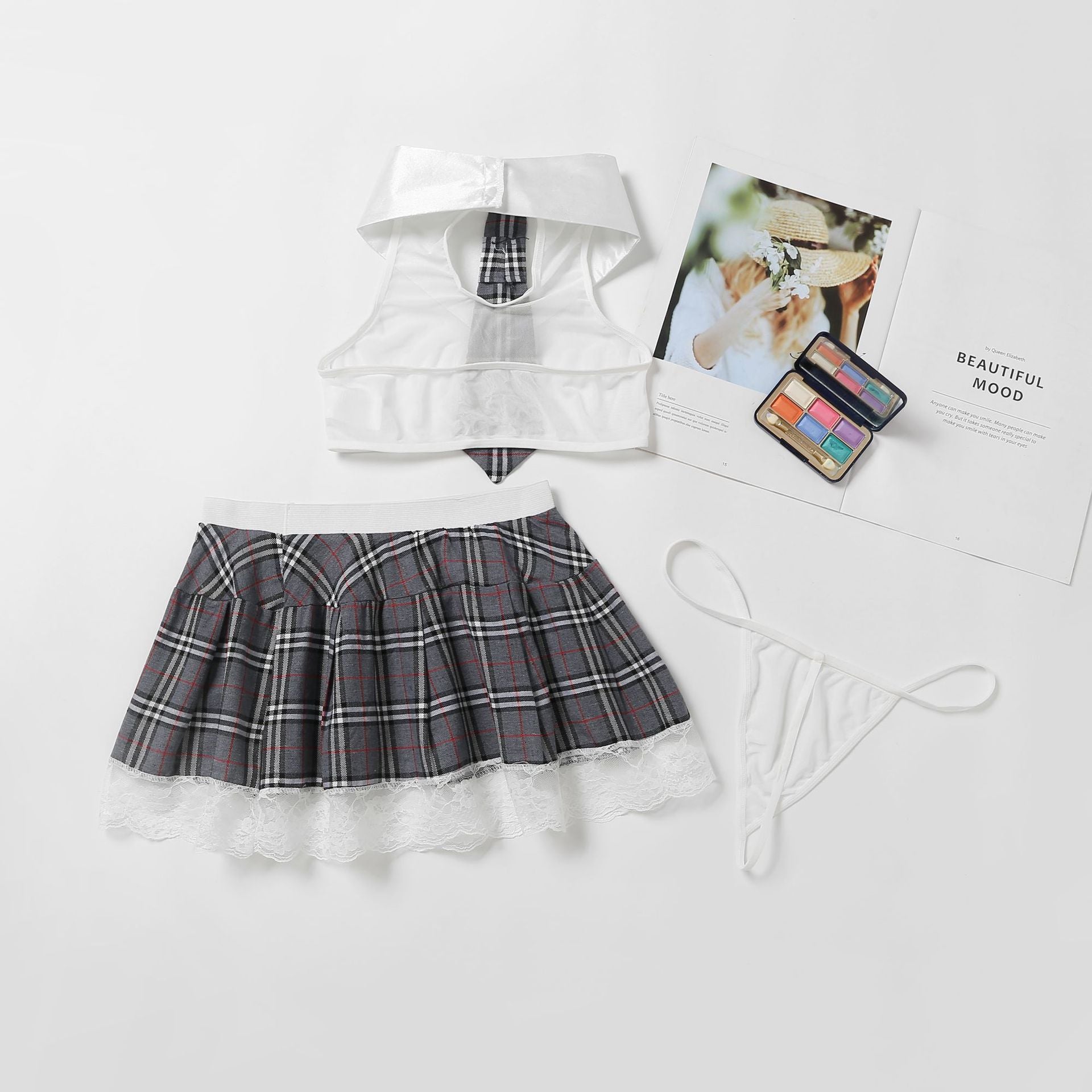 Women's Costume Sexy Lingerie Set Cosplay Top and Plaid Skirt Outfit