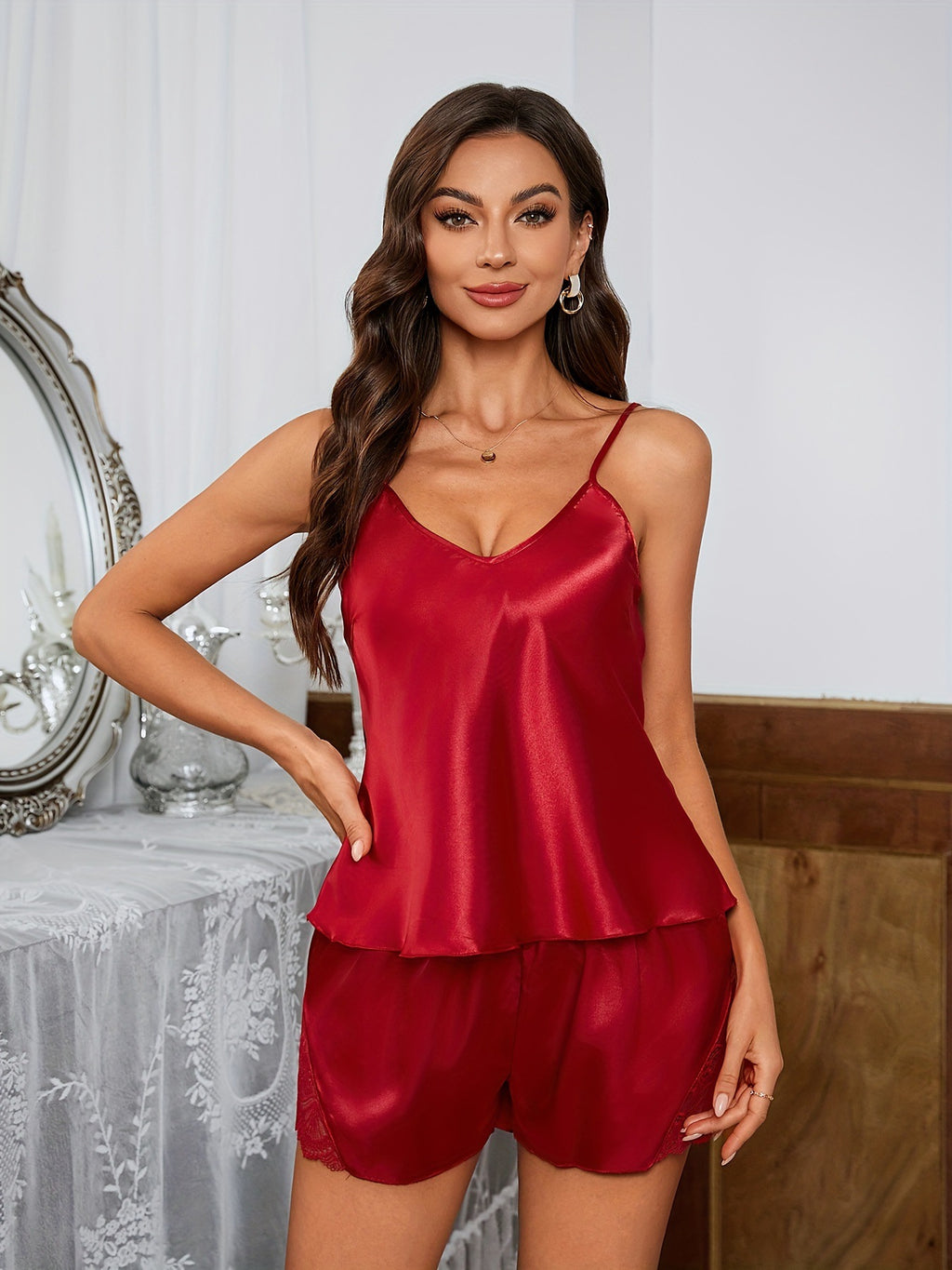 Women's Lace Strap Nightdress，Shorts Thin Home Clothes Set S-XXL