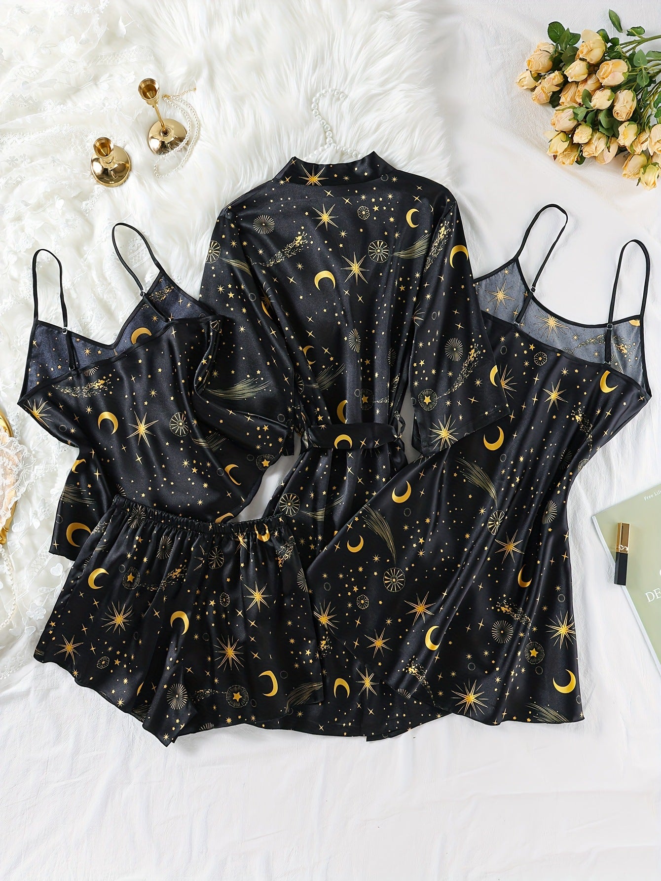 Wholesale European and American Style Imitation Silk Nightgown Black Homewear Four-Piece Set Fashionable Comfortable Lace Trim Pajama Set for Women