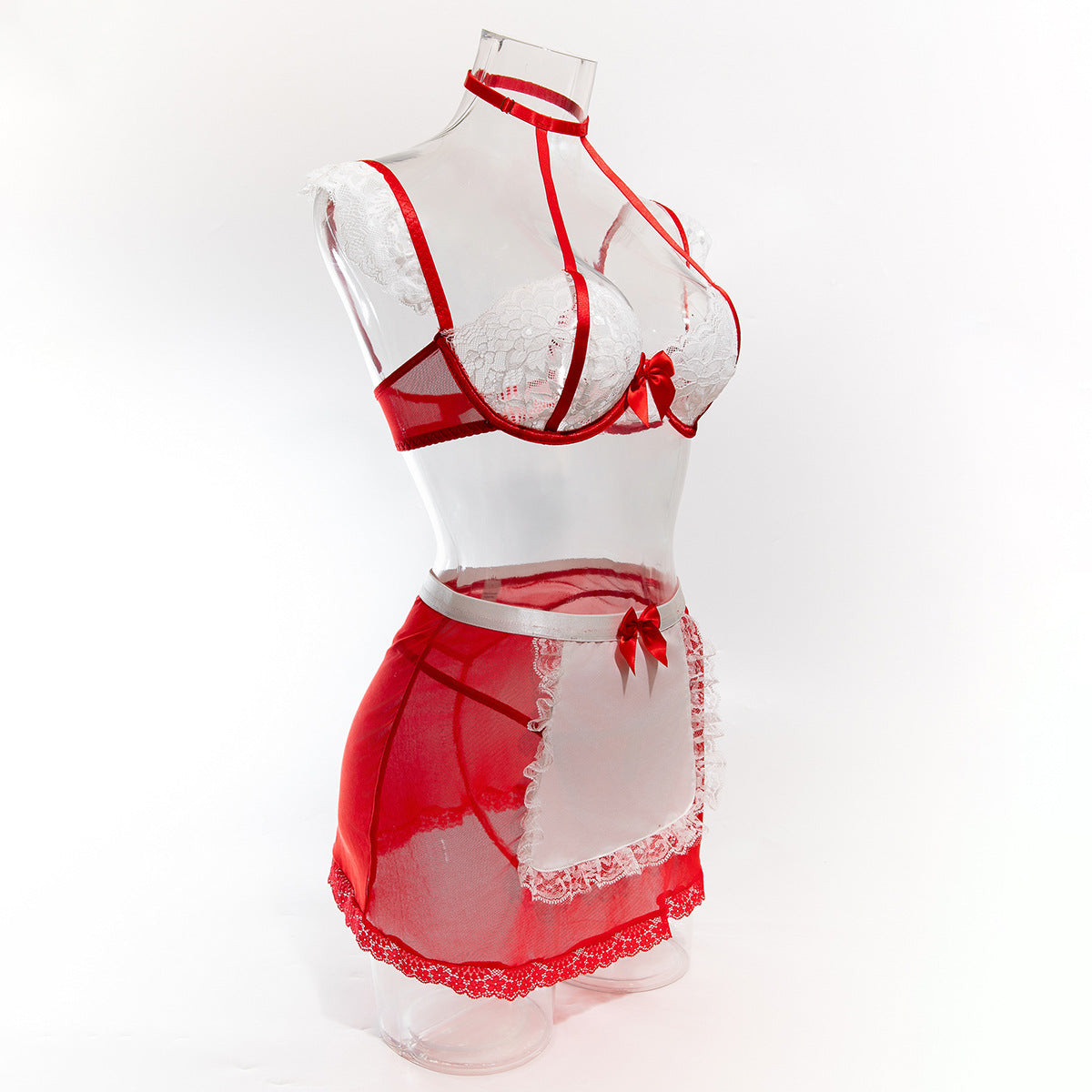 Sexy See-through Erotic Lingerie, Bow Halter Lace Contrast Color Cosplay Set, Maid Costume