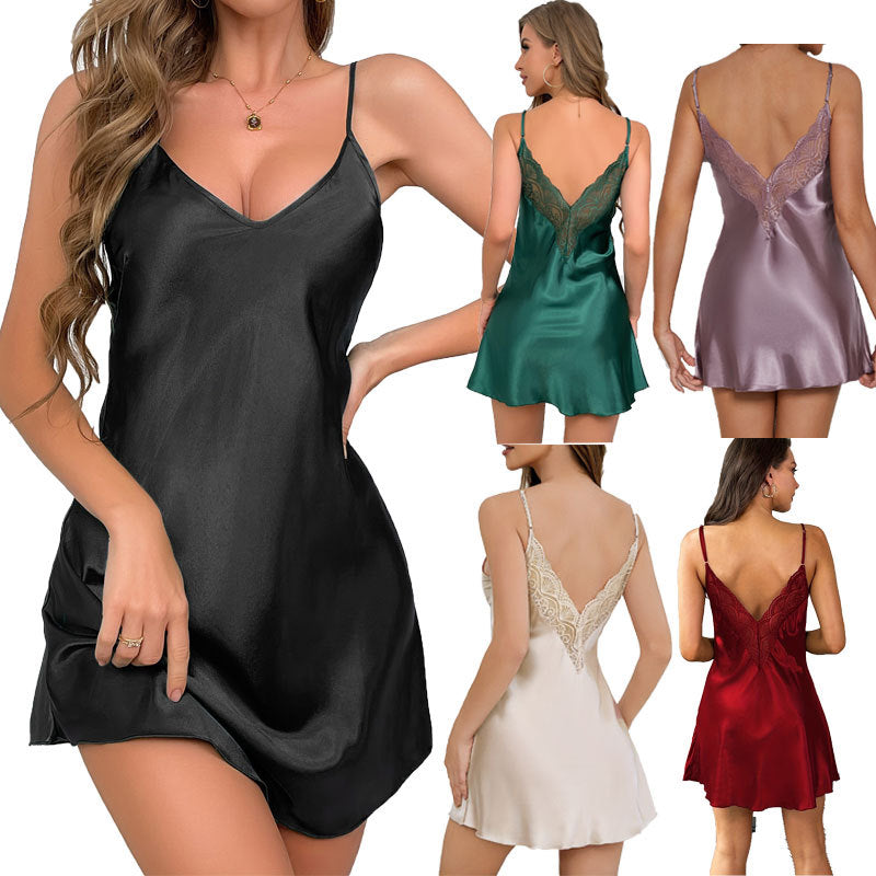 Women's Lace Trim Camisole Nightdress, Sexy Imitation Silk Loungewear