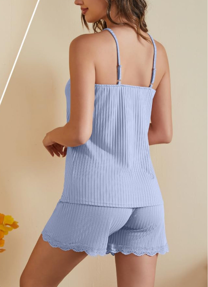 Women's Camisole Shorts Set, Lace Trim Solid Color Casual Loungewear for Women