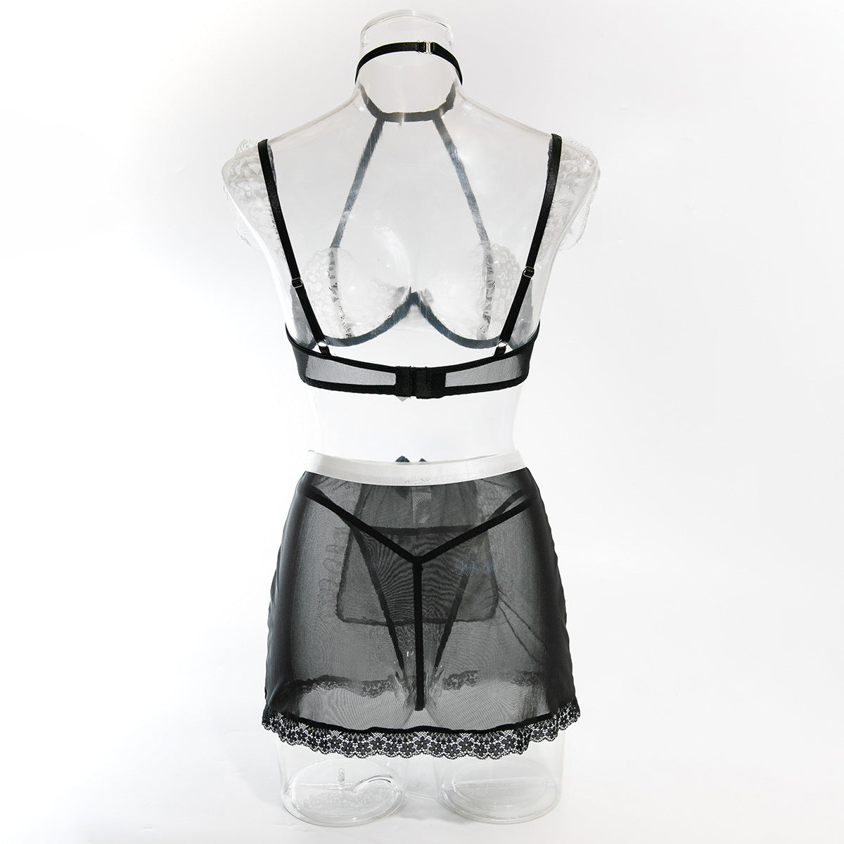 Sexy See-through Erotic Lingerie, Bow Halter Lace Contrast Color Cosplay Set, Maid Costume