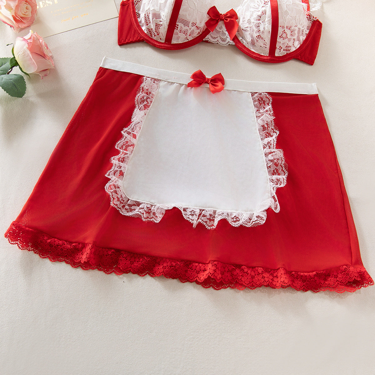 Sexy See-through Erotic Lingerie, Bow Halter Lace Contrast Color Cosplay Set, Maid Costume
