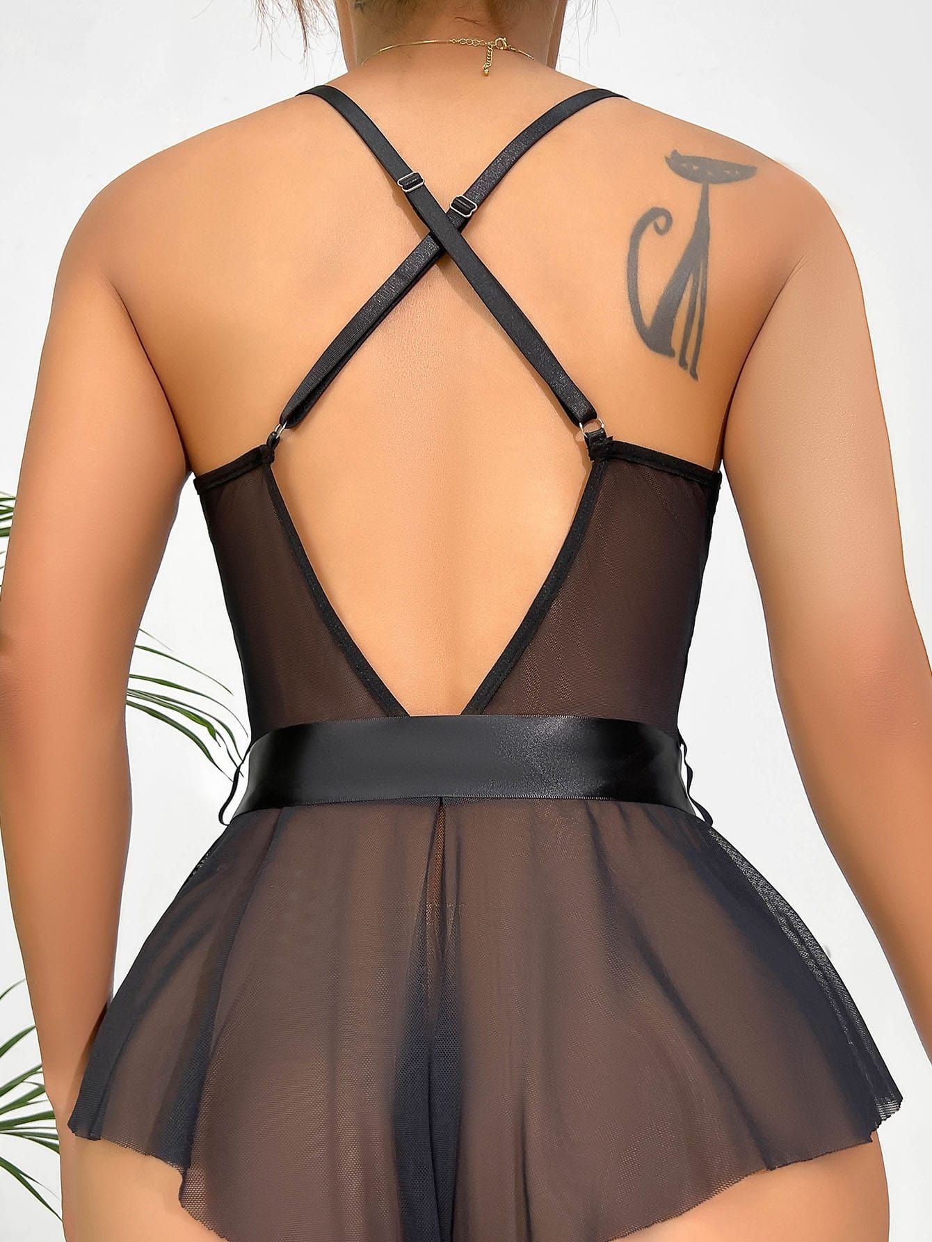 Body - shaping bow - splicing lace back - revealing see - through sexy lingerie jumpsuit