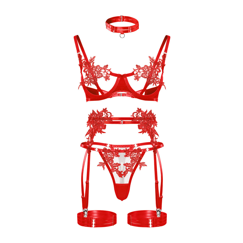 Embroidered water - soluble flower girl's clothing, tulle see - through sexy lingerie bra set