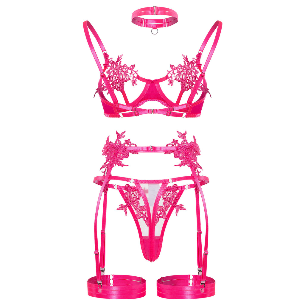 Embroidered water - soluble flower girl's clothing, tulle see - through sexy lingerie bra set