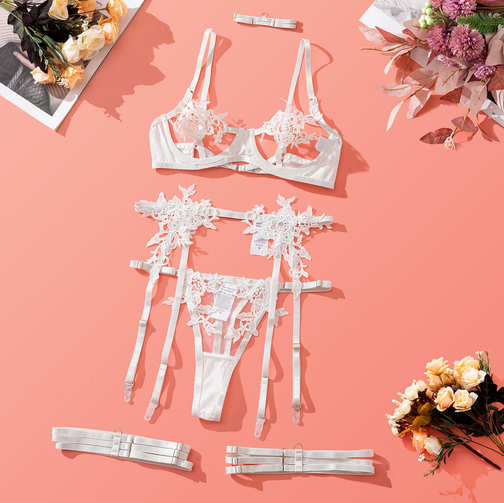 Embroidered water - soluble flower girl's clothing, tulle see - through sexy lingerie bra set