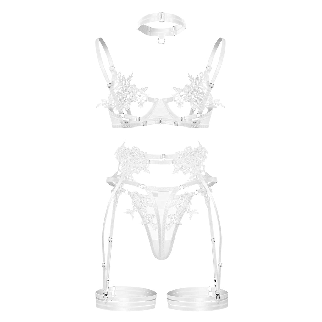 Embroidered water - soluble flower girl's clothing, tulle see - through sexy lingerie bra set