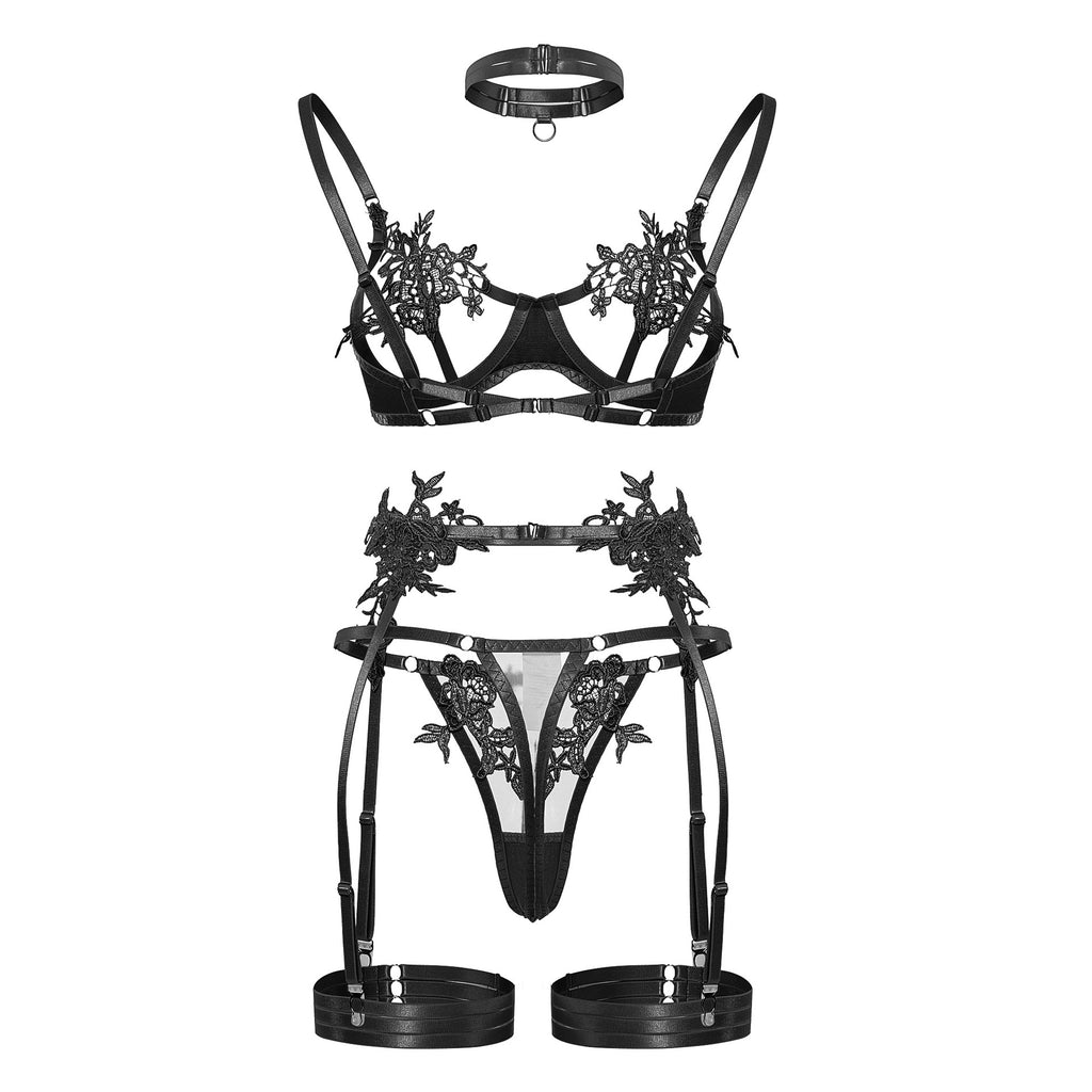 Embroidered water - soluble flower girl's clothing, tulle see - through sexy lingerie bra set
