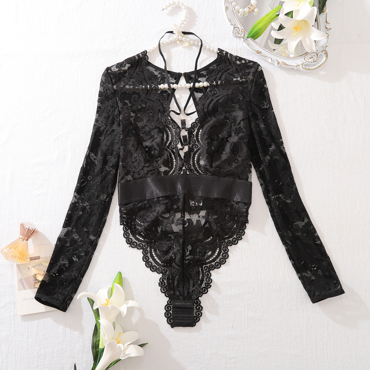 Sexy mesh transparent backless hollow-out comfortable lingerie jumpsuit with open crotch