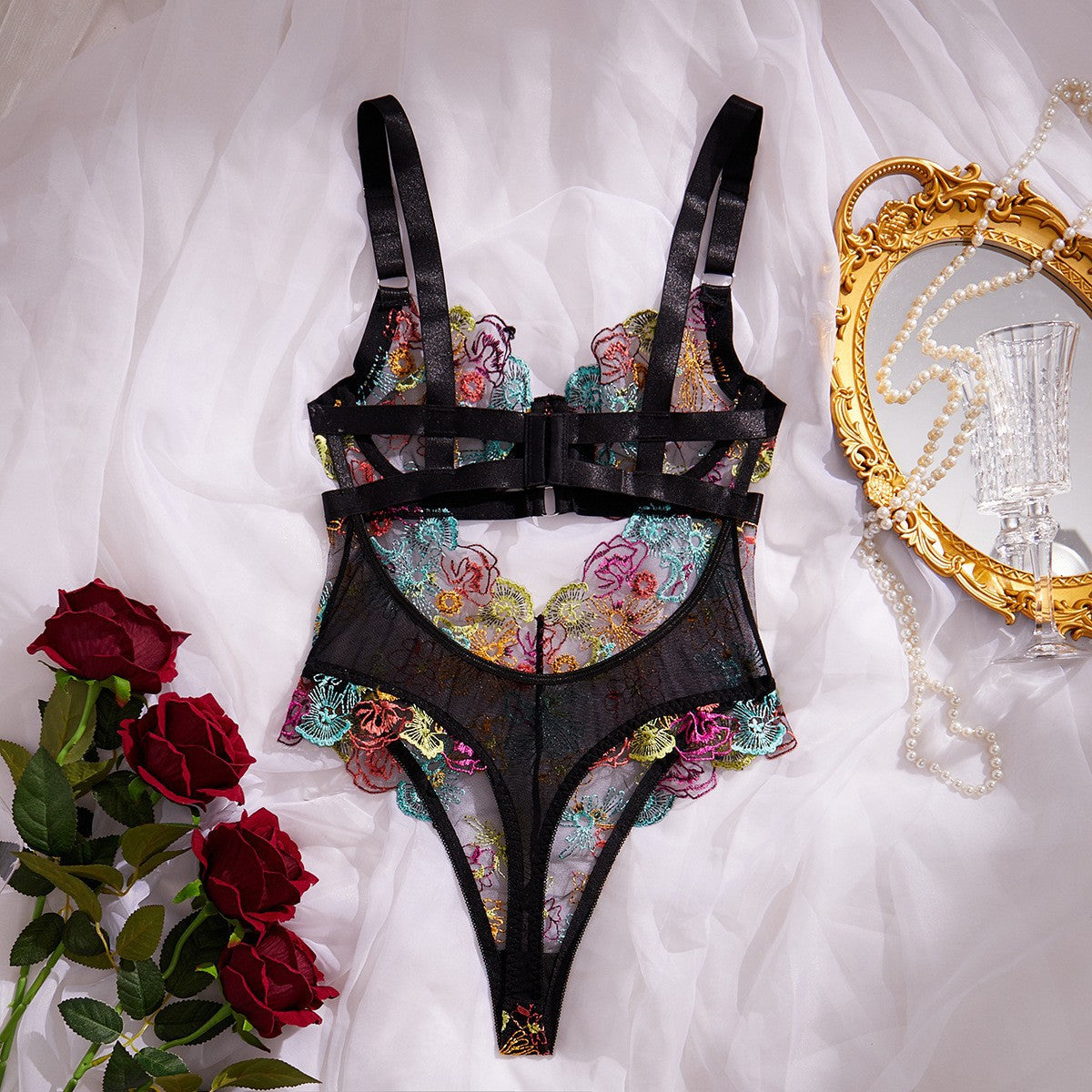 Color embroidery sexy French lace underwire push-up and waist - shaping body - slimming bodysuit