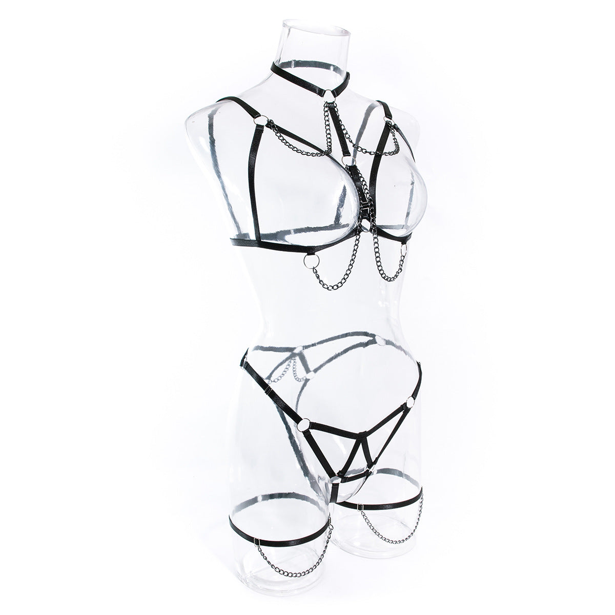 Women's Sexy Chest-Exposing Lingerie, Heavy Craft Stitching Metal Chain Halter Sexy Lingerie 3-Piece Set