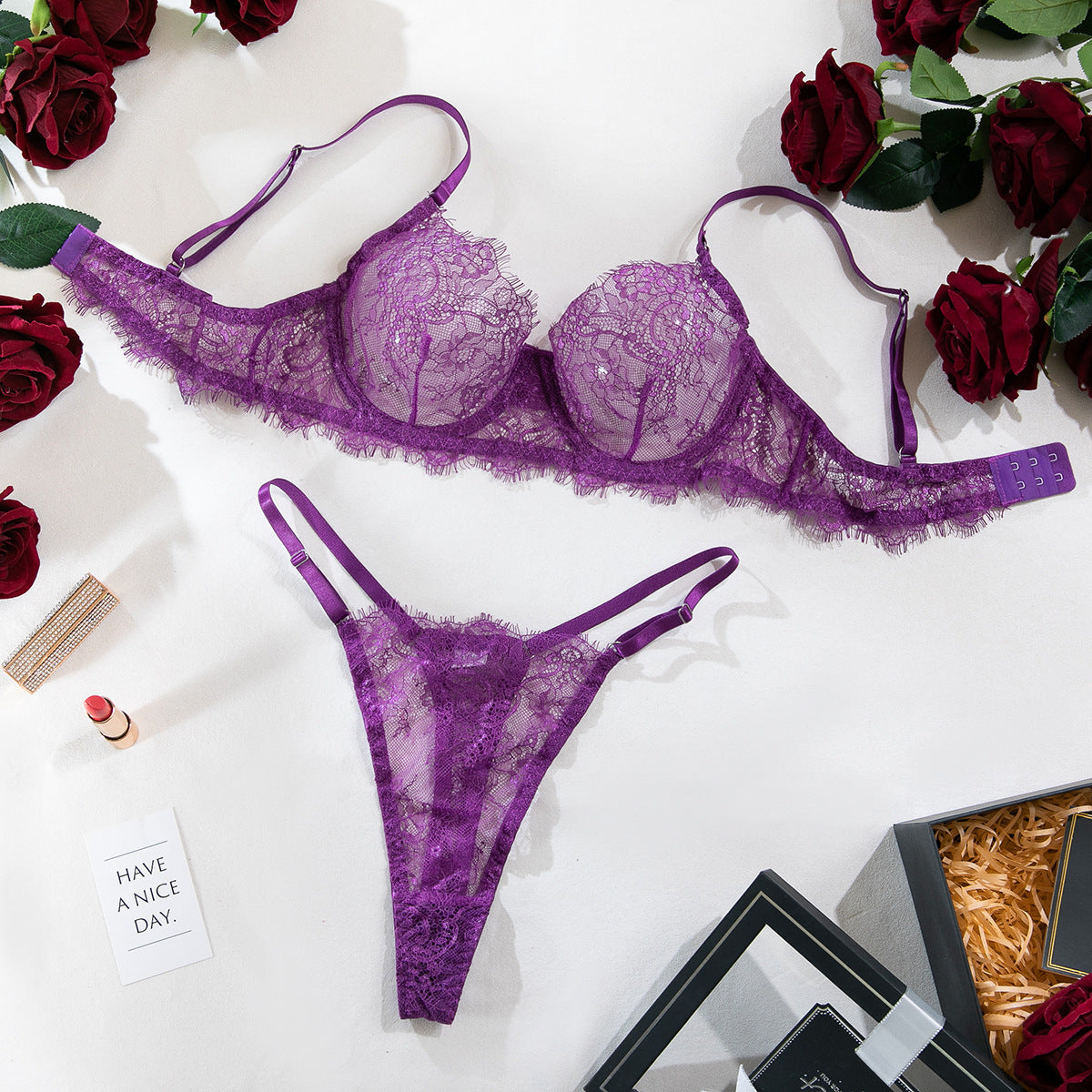 Women's Thin Lace Underwire Push-Up Bra, Sexy Lingerie 2-Piece Set