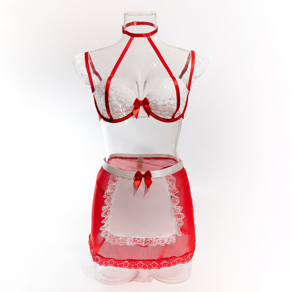 Sexy See-through Erotic Lingerie, Bow Halter Lace Contrast Color Cosplay Set, Maid Costume
