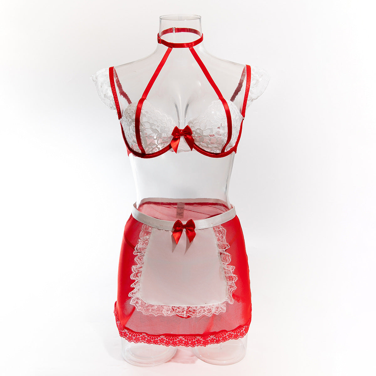 Sexy See-through Erotic Lingerie, Bow Halter Lace Contrast Color Cosplay Set, Maid Costume