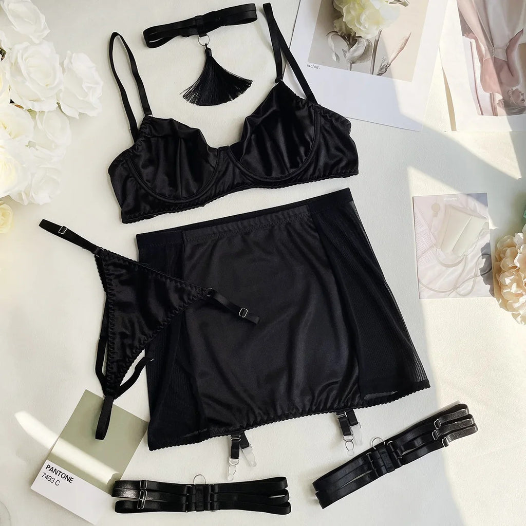 Women's Sexy Tassel  Satin Patchwork Mesh Bodycon Dress with Gloves Two-Piece Temptation Sexy Lingerie Set