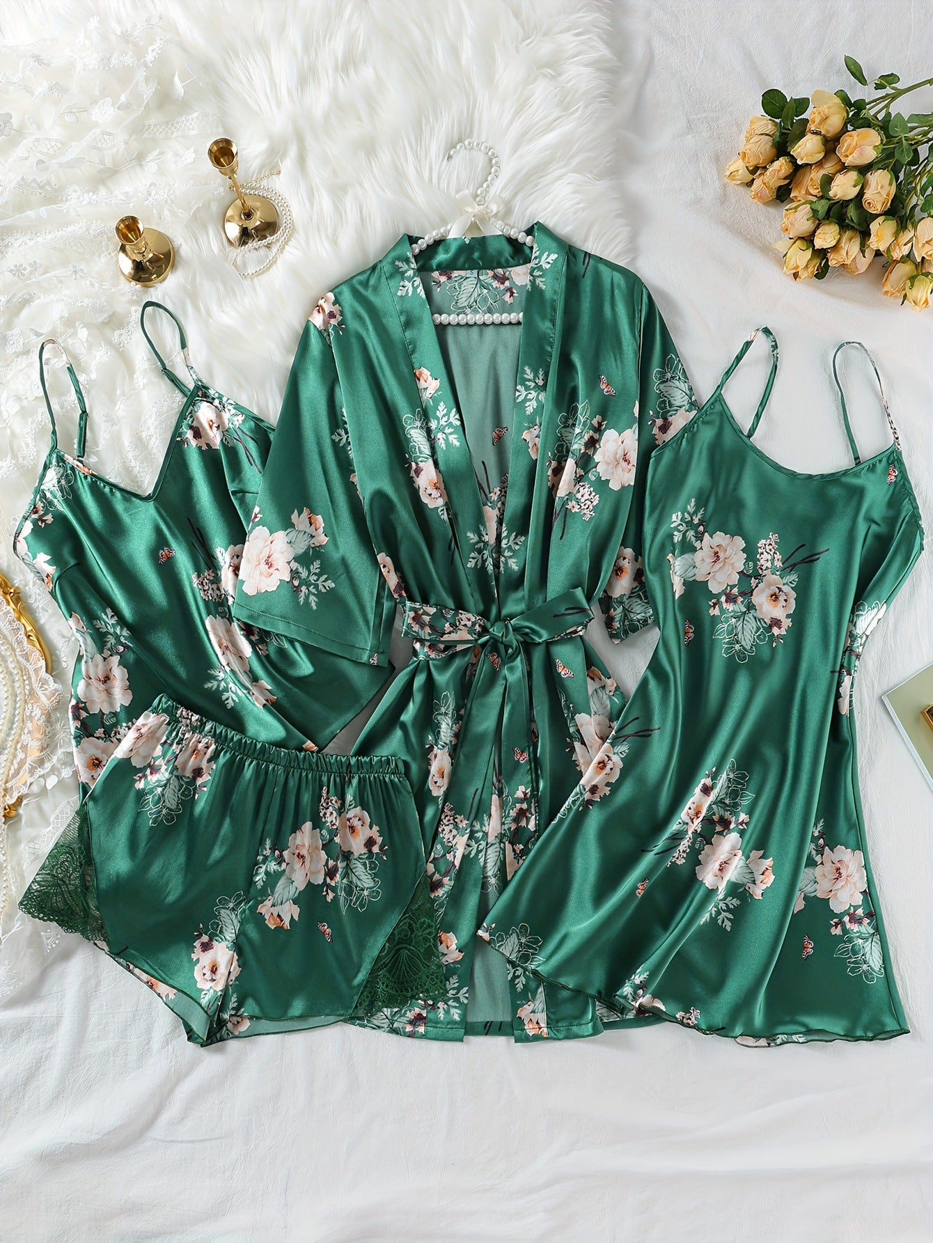 Women's Artificial Silk Camisole Pajamas Nightdress Nightgown Four-Piece Set, Sexy Lace Thin Homewear Suit