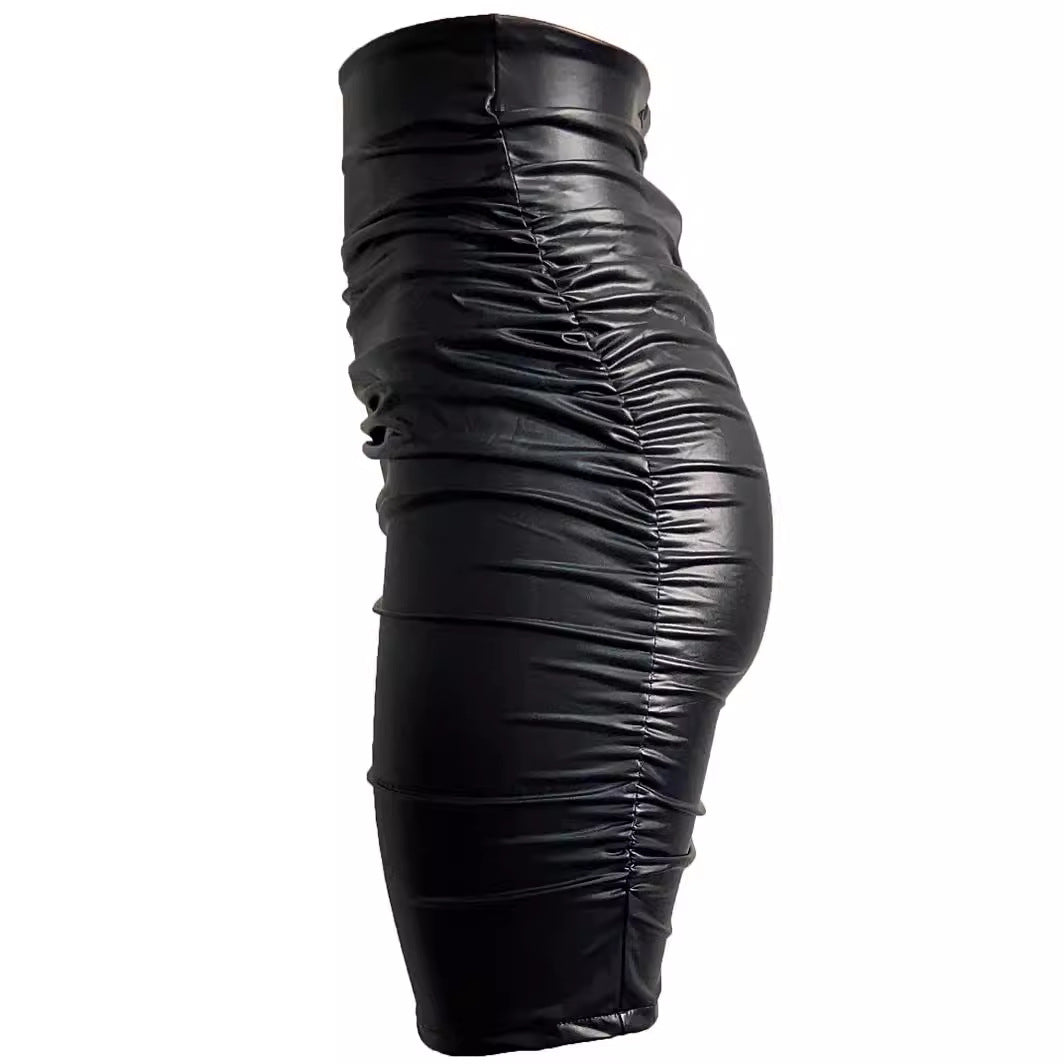 Women's Plus Size Pleated Faux Leather Skirt，Sexy Tight Bodycon Dress，Off-shoulder Short Dress S-XXL