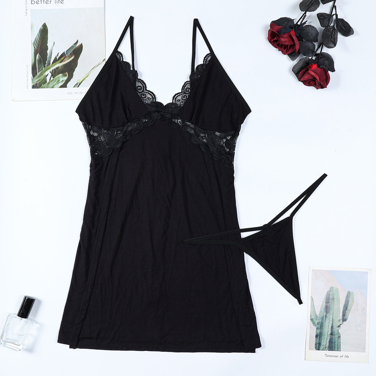 Black Lace Patchwork Modal Cotton High Slit Sexy Strap Nightdress Two-Piece Set, Loungewear