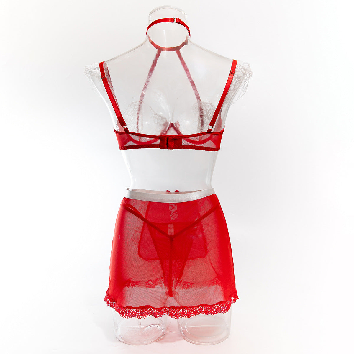Sexy See-through Erotic Lingerie, Bow Halter Lace Contrast Color Cosplay Set, Maid Costume