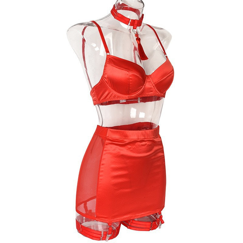 Women's Sexy Tassel  Satin Patchwork Mesh Bodycon Dress with Gloves Two-Piece Temptation Sexy Lingerie Set