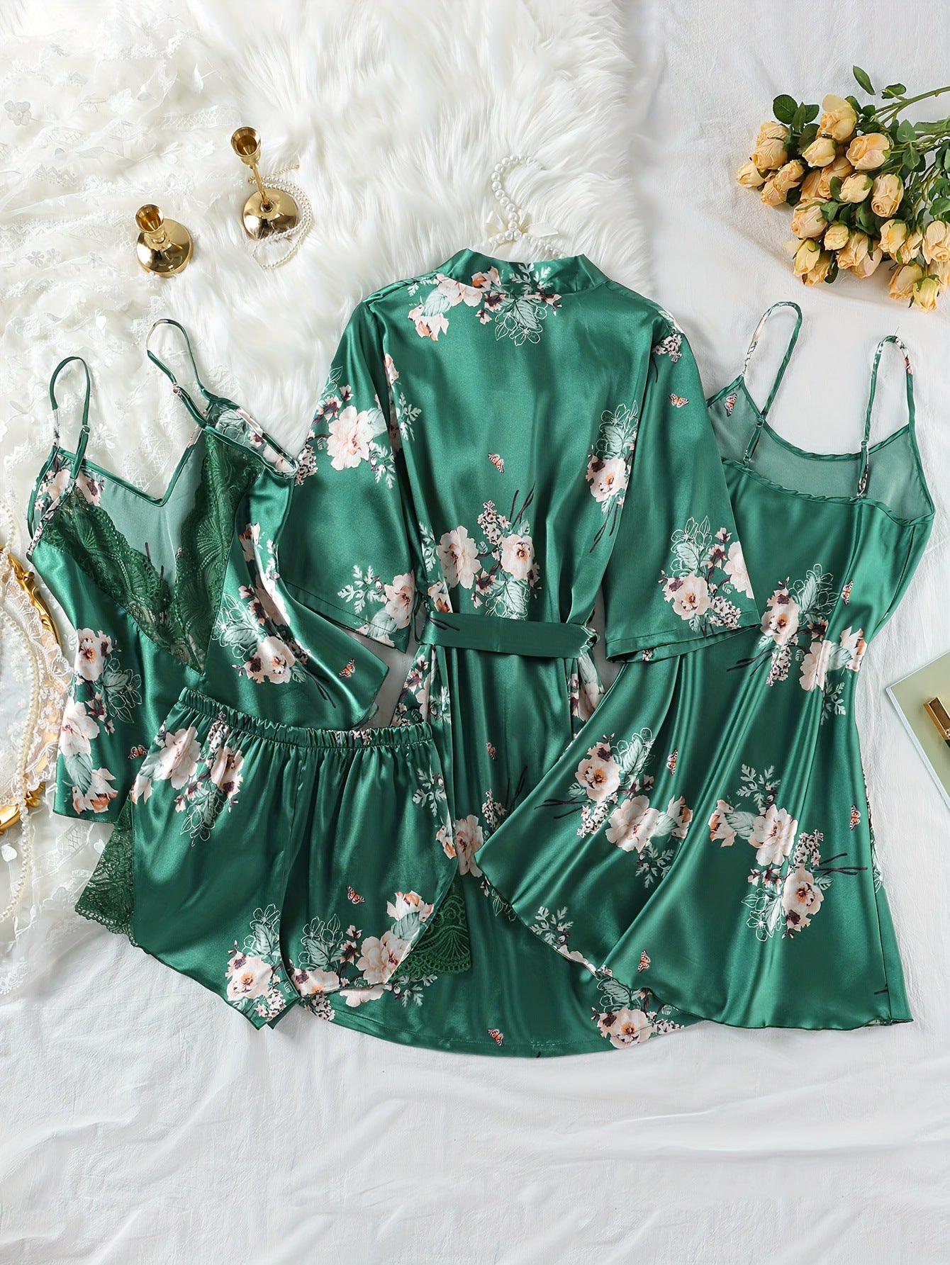 Women's Artificial Silk Camisole Pajamas Nightdress Nightgown Four-Piece Set, Sexy Lace Thin Homewear Suit