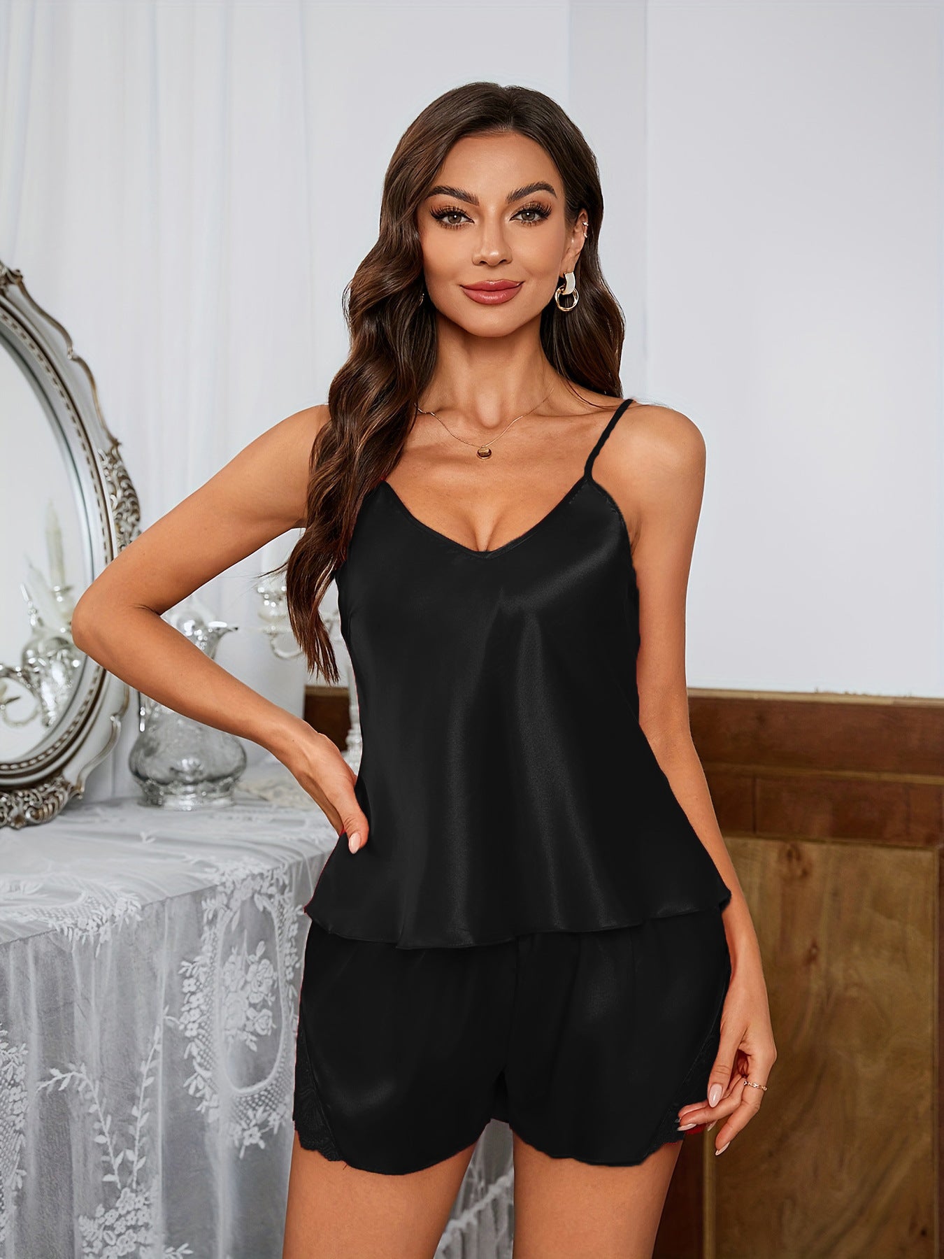 Women's Lace Strap Nightdress，Shorts Thin Home Clothes Set S-XXL