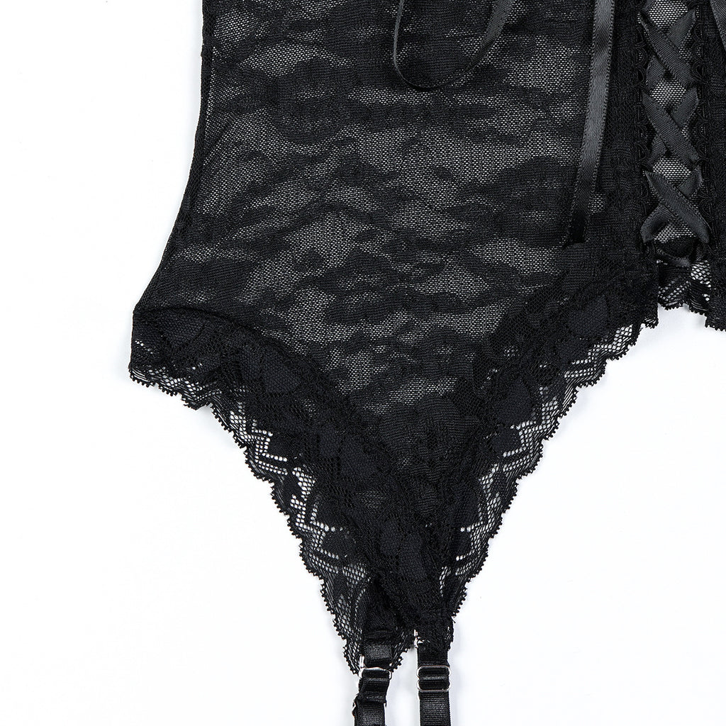 Women's Sexy Lace See-through Lingerie, Cross-tied Strap Two-piece Set