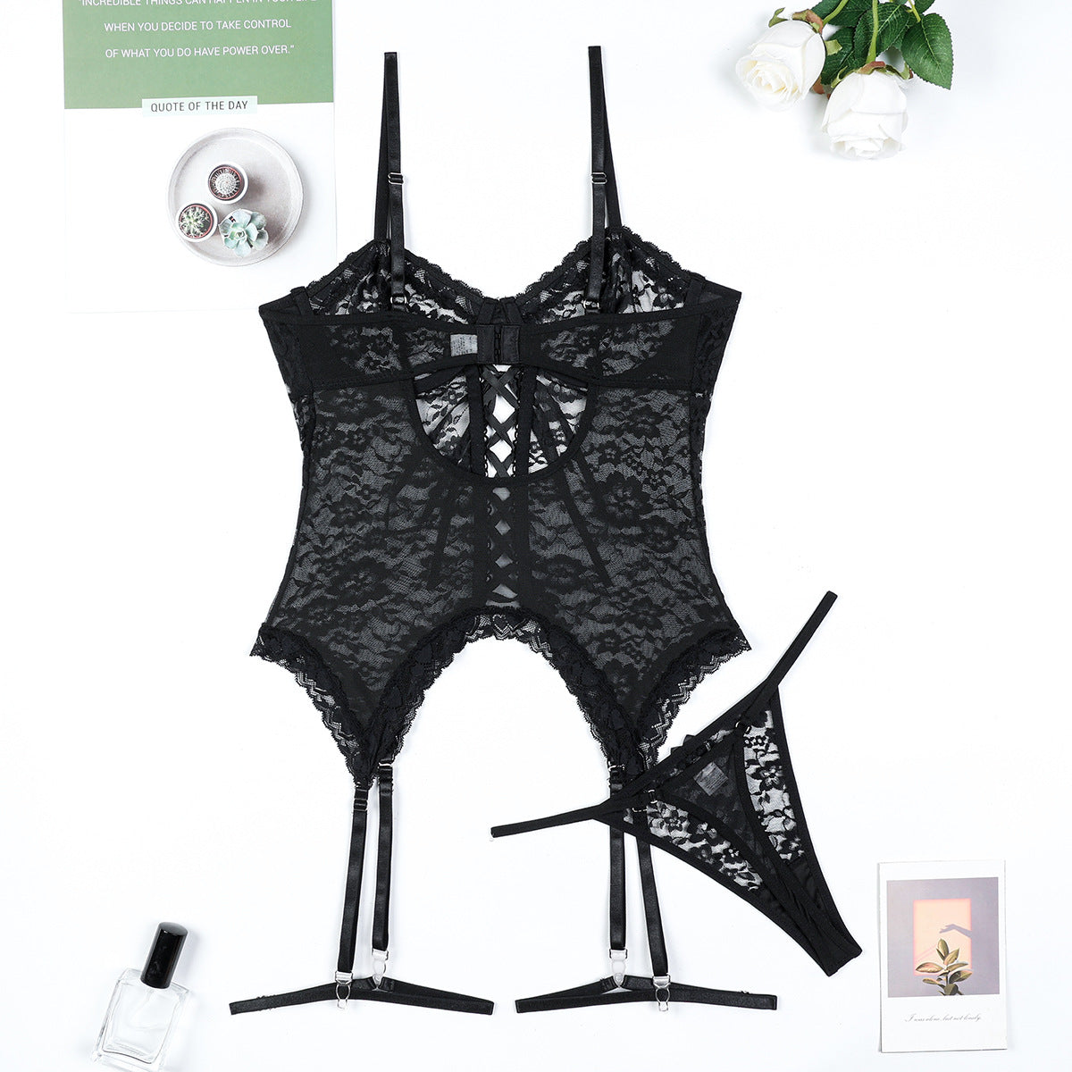 Women's Sexy Lace See-through Lingerie, Cross-tied Strap Two-piece Set