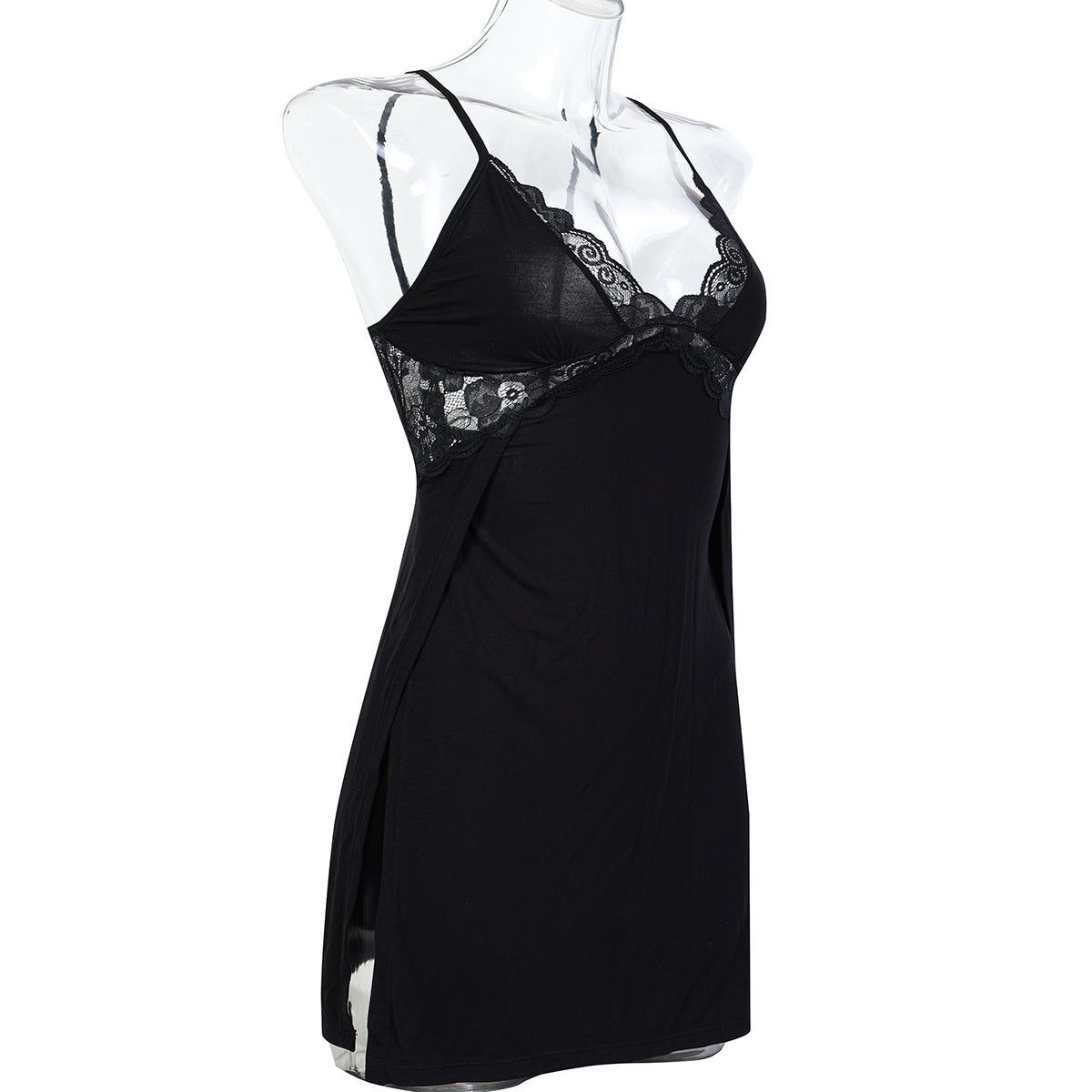 Black Lace Patchwork Modal Cotton High Slit Sexy Strap Nightdress Two-Piece Set, Loungewear