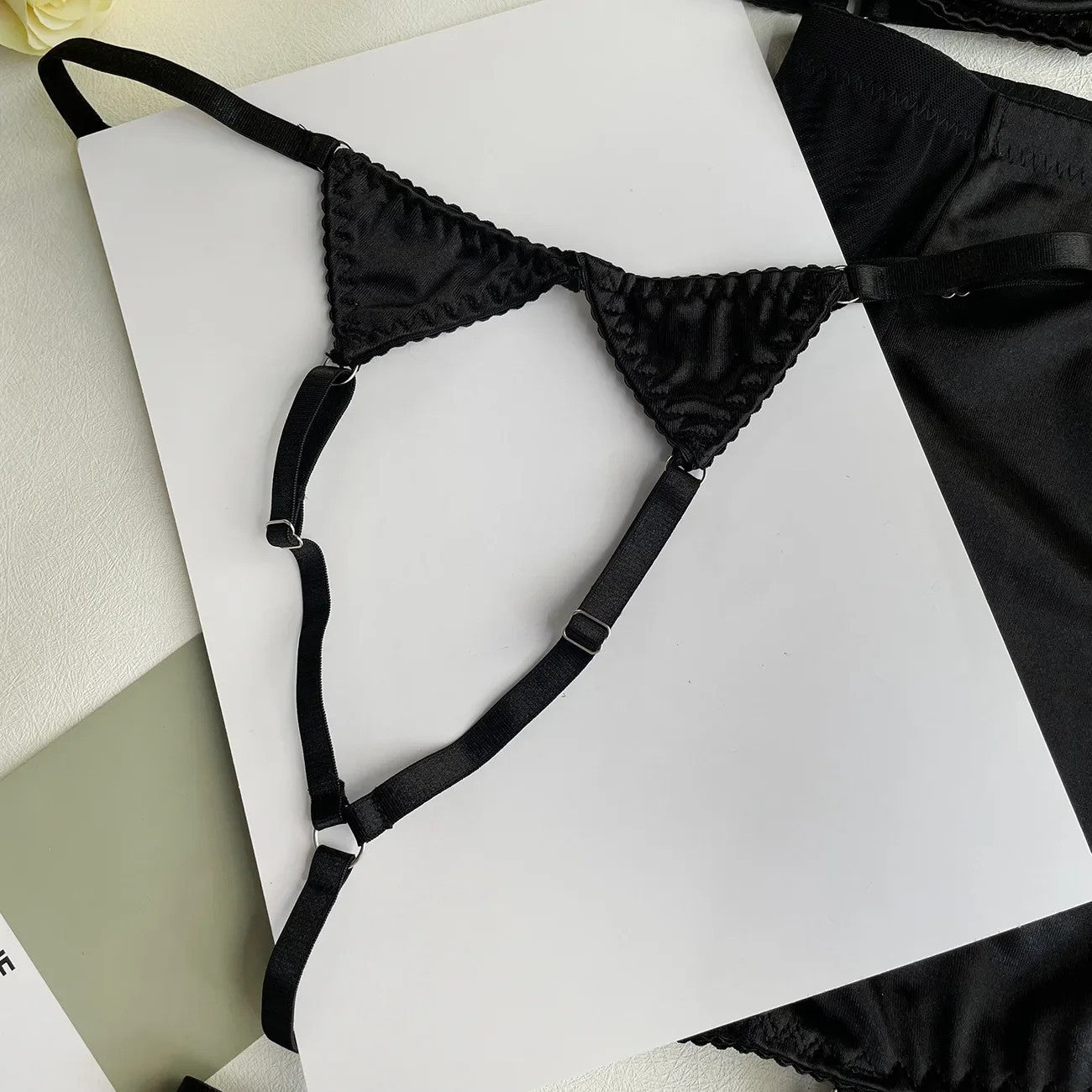 Women's Sexy Tassel  Satin Patchwork Mesh Bodycon Dress with Gloves Two-Piece Temptation Sexy Lingerie Set