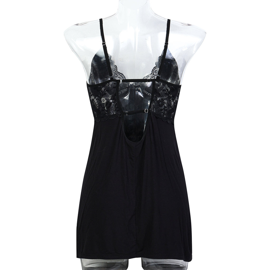 Black Lace Patchwork Modal Cotton High Slit Sexy Strap Nightdress Two-Piece Set, Loungewear