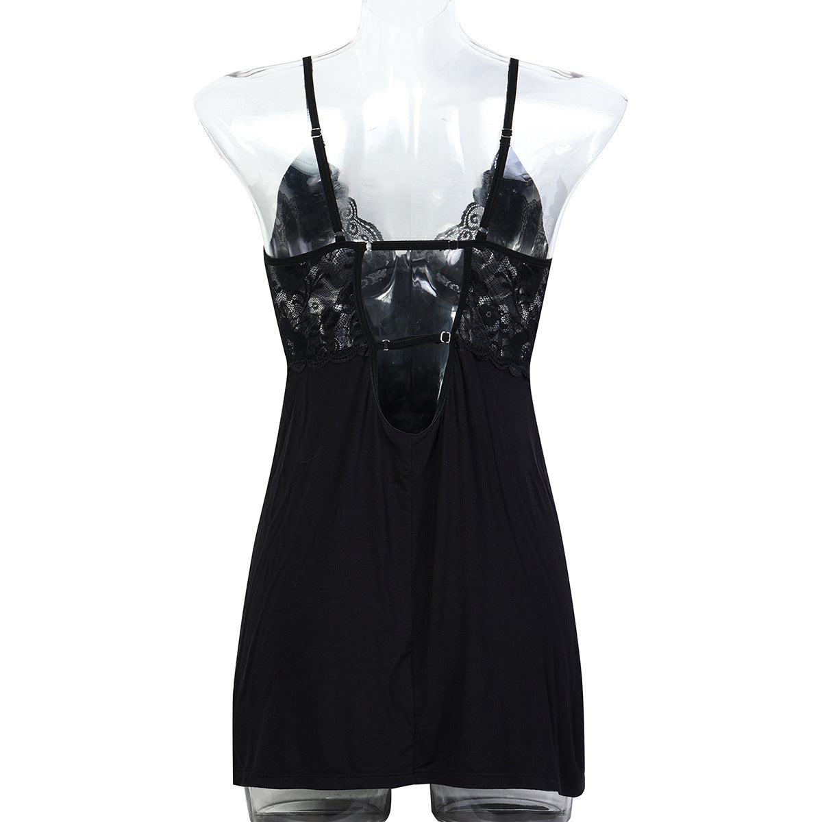 Black Lace Patchwork Modal Cotton High Slit Sexy Strap Nightdress Two-Piece Set, Loungewear
