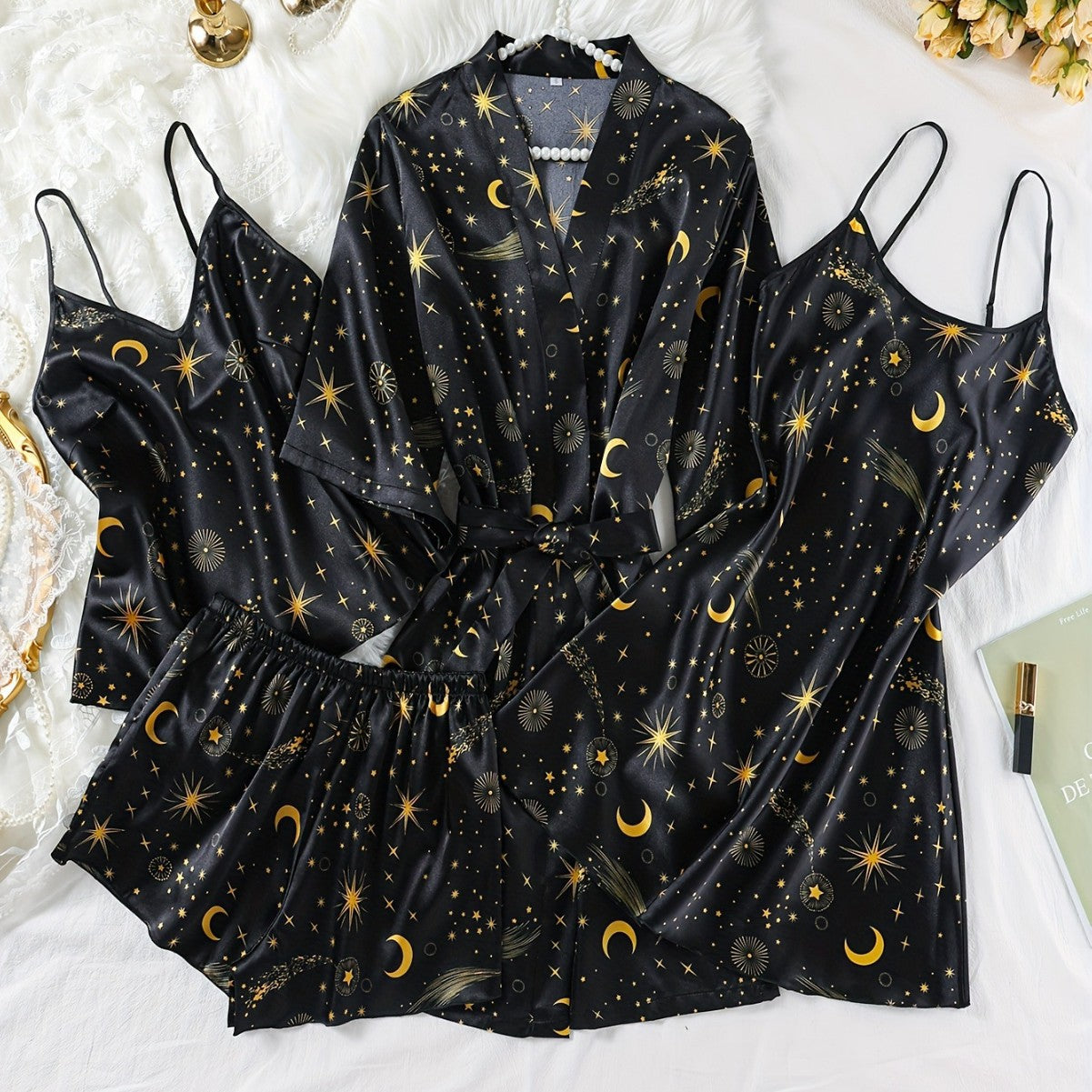 Wholesale European and American Style Imitation Silk Nightgown Black Homewear Four-Piece Set Fashionable Comfortable Lace Trim Pajama Set for Women
