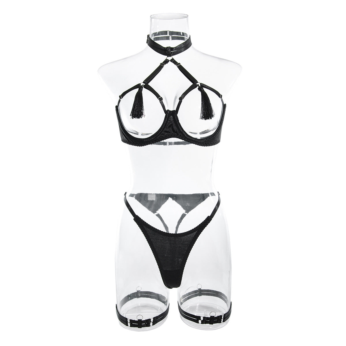 Women's Sexy Hollow Out Chest-Exposing Tassel Lingerie Set, Tempting Halter Neck Open-Crotch Lingerie