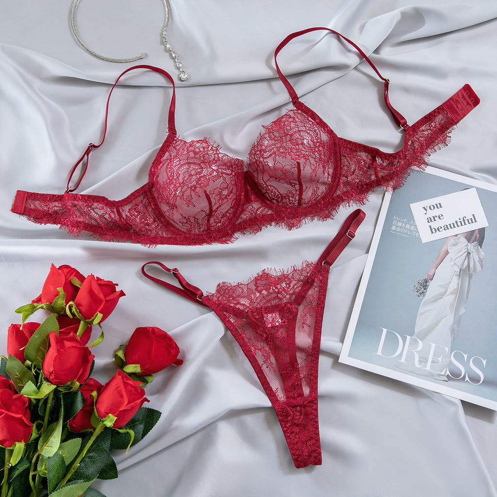Women's Thin Lace Underwire Push-Up Bra, Sexy Lingerie 2-Piece Set