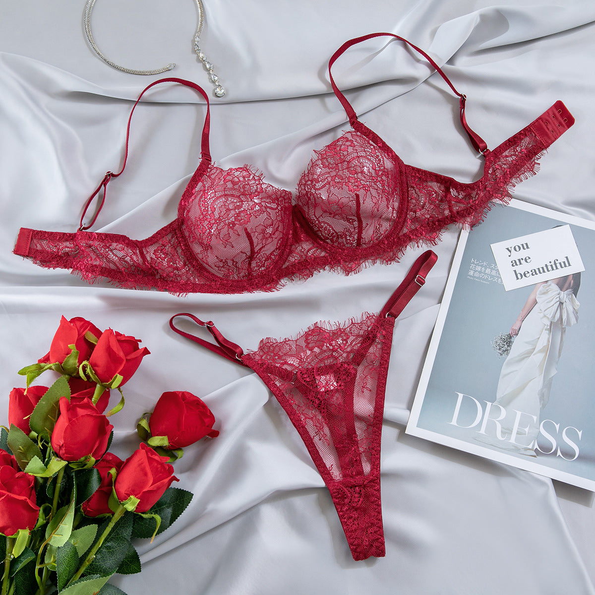 Women's Thin Lace Underwire Push-Up Bra, Sexy Lingerie 2-Piece Set