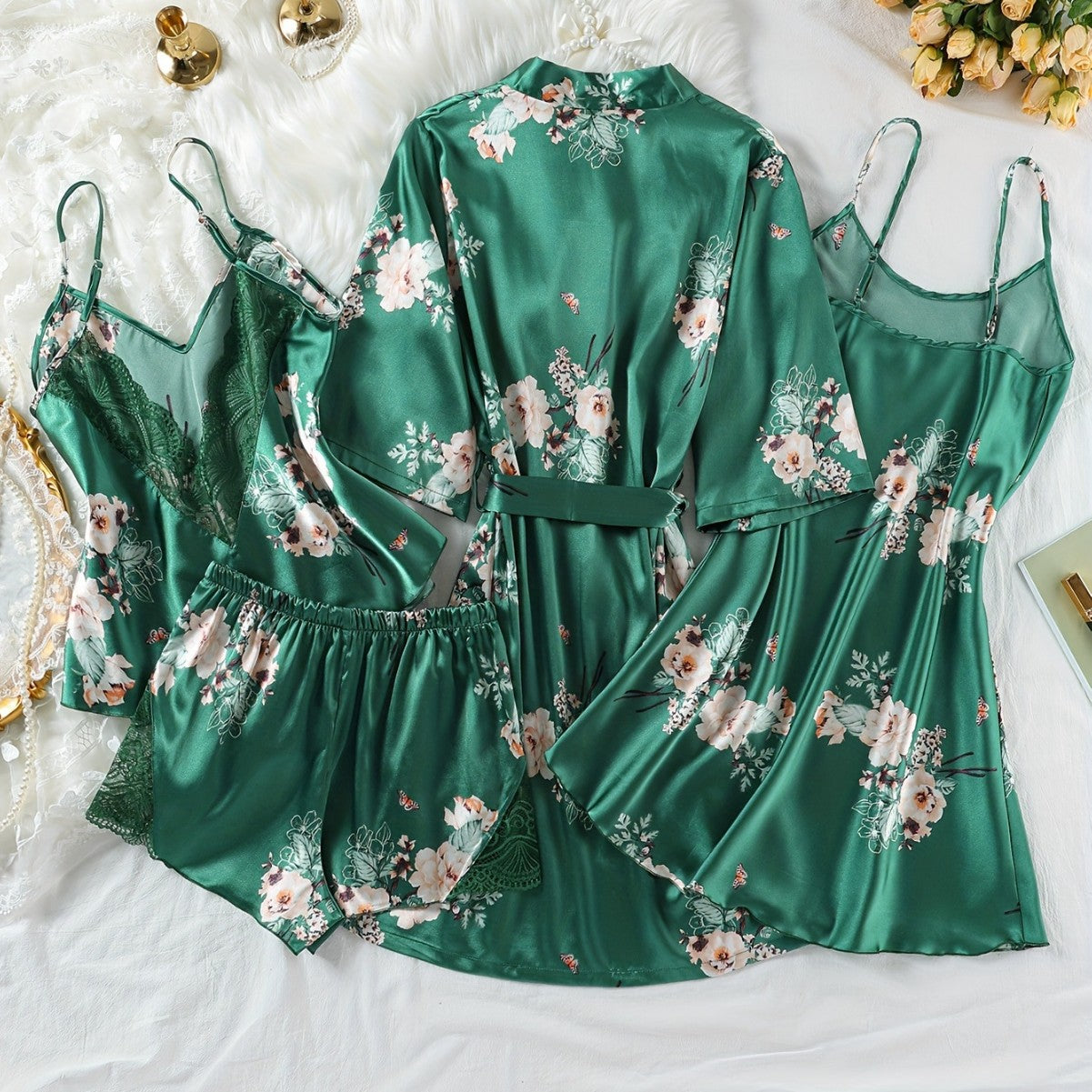 Women's Artificial Silk Camisole Pajamas Nightdress Nightgown Four-Piece Set, Sexy Lace Thin Homewear Suit