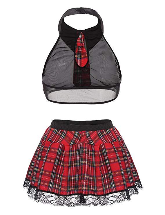 Women's Costume Sexy Lingerie Set Cosplay Top and Plaid Skirt Outfit